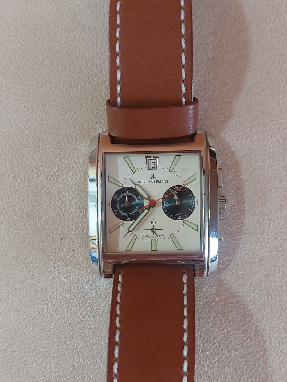 Jacques Lemans Brown Leather Chronograph with Cream Dial and Black Subdials